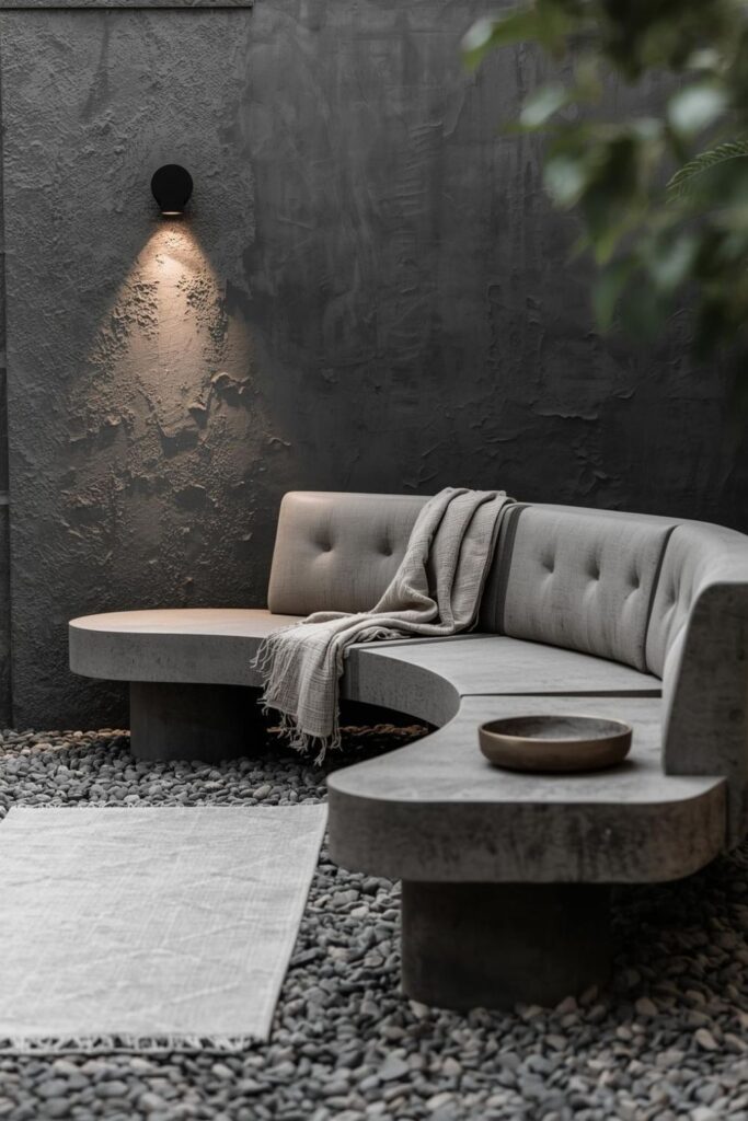 Curved Concrete Bench With Pebble Garden and Low Table
