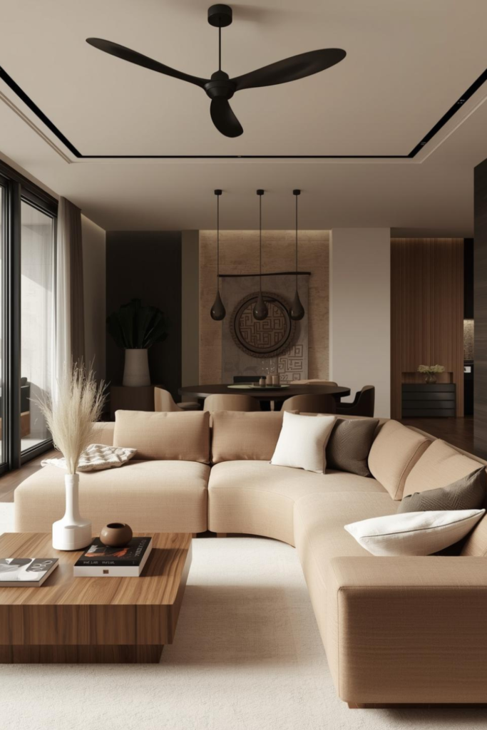 Curved Sofa Serenity with Sand and Espresso Contrast