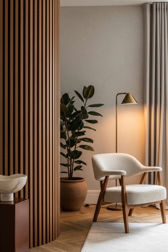 Curved Teak Screen Partition With Rubber Plant Corner