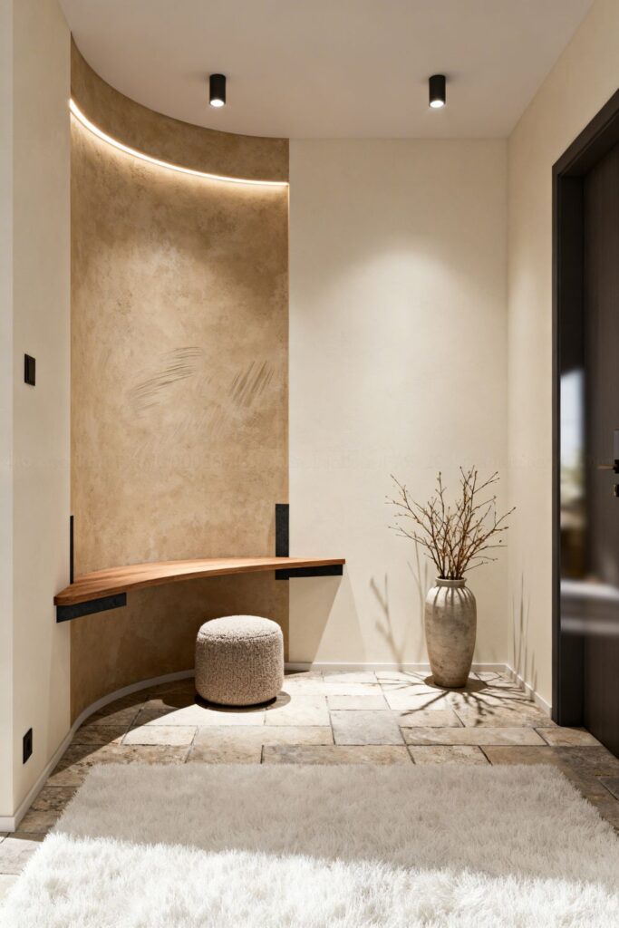 Curved Wall Niche Entry With Soft Lighting and Shelf