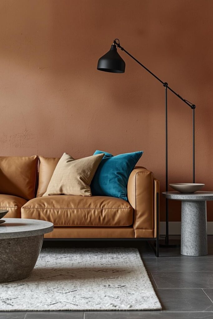 Cyan and Camel Boho Room With Leather, Linen, and Stone