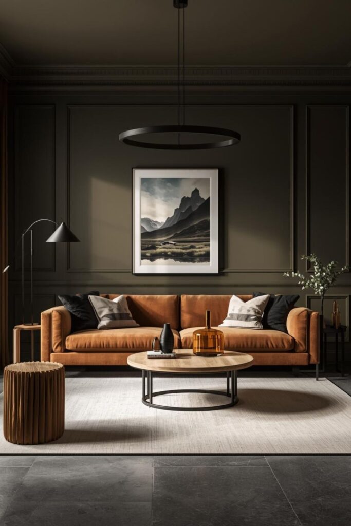 Dark Olive Walls with Cream Rug, Oak, and Curved Lighting