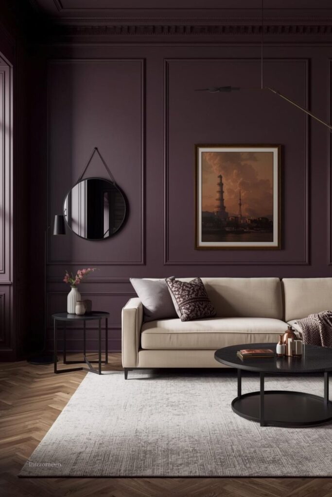 Dark Plum Walls with Cream Velvet Sofa and Warm Art Lighting