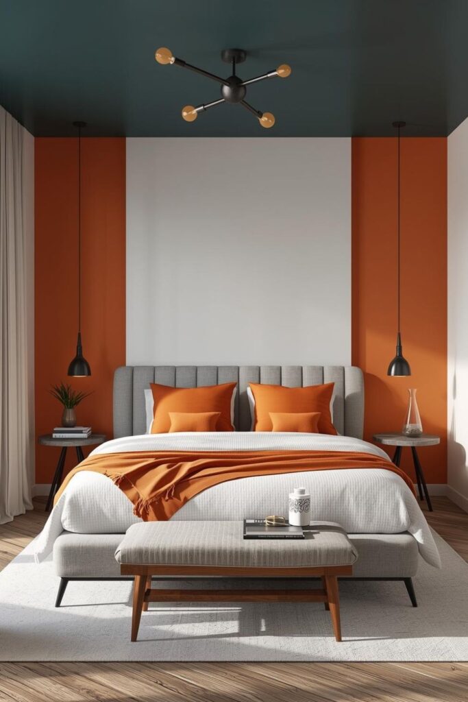 Dark Teal Ceiling With Citrus Orange Pillows And Gray Upholstery