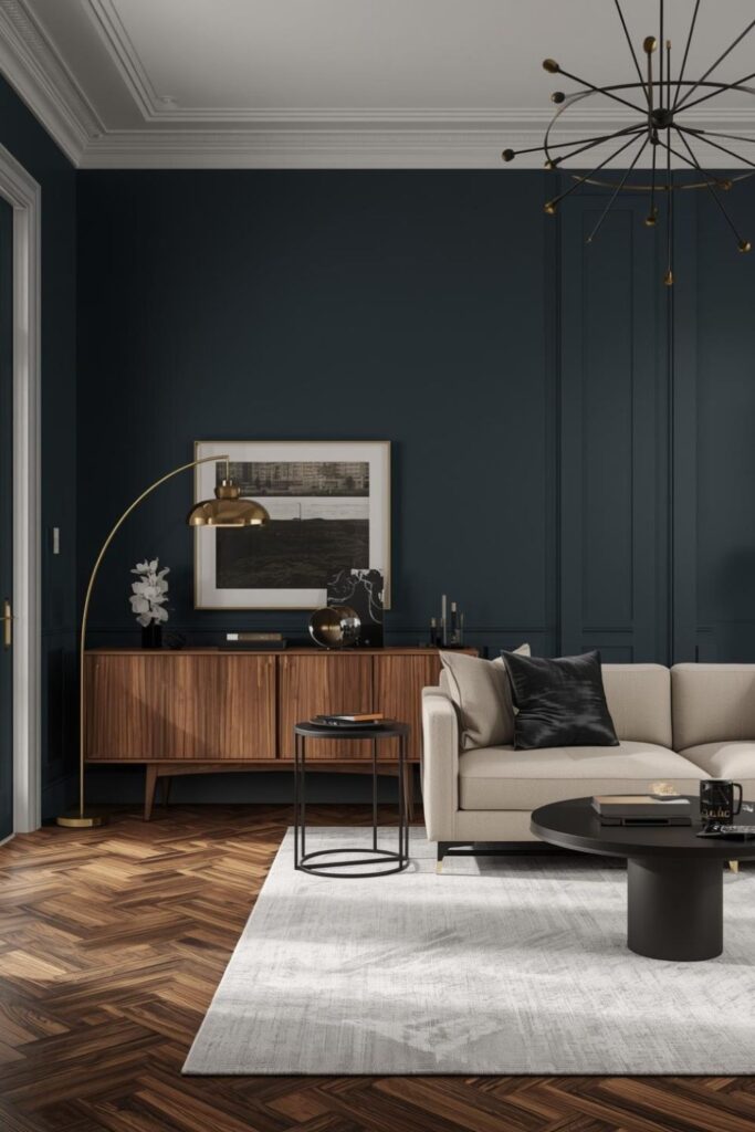 Dark Teal Walls with Brass and Walnut Mid-Century Details