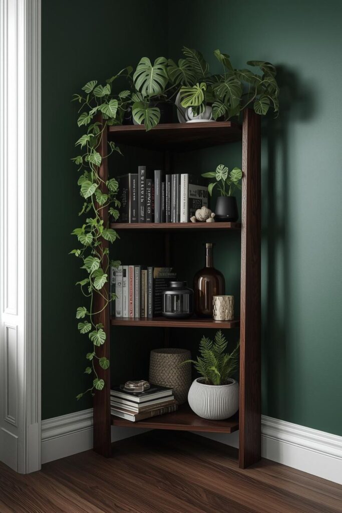 Dark Wood and Forest Green Corner Shelving with Moody Botanicals