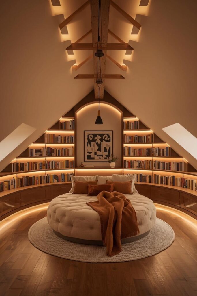 Deep Cocoa Halo Shelves with Bright Perimeter LEDs and Round Sofa Bed