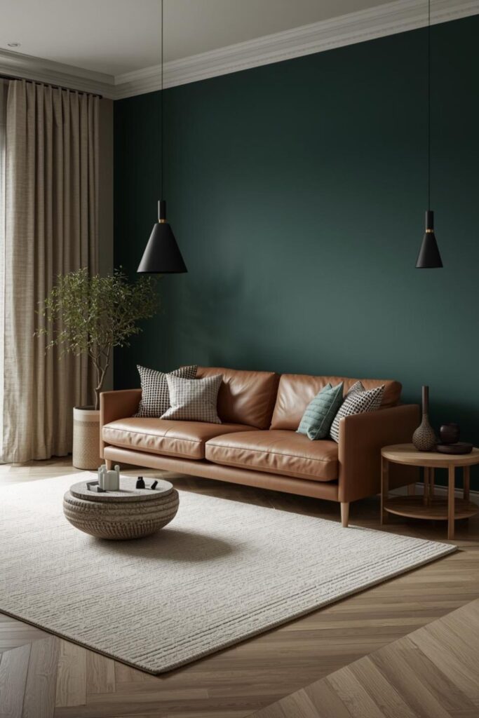 Deep Forest Green Walls with Camel Leather and Natural Linen