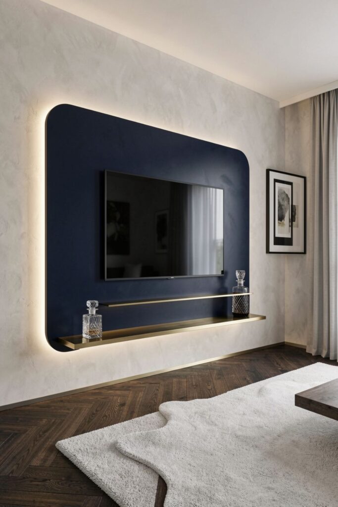 Deep Navy Lacquer Curve With Slim Brass Shelf Detail