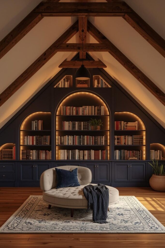 Deep Navy Ladder-Arches with Bright Outline Lighting and Round Sofa