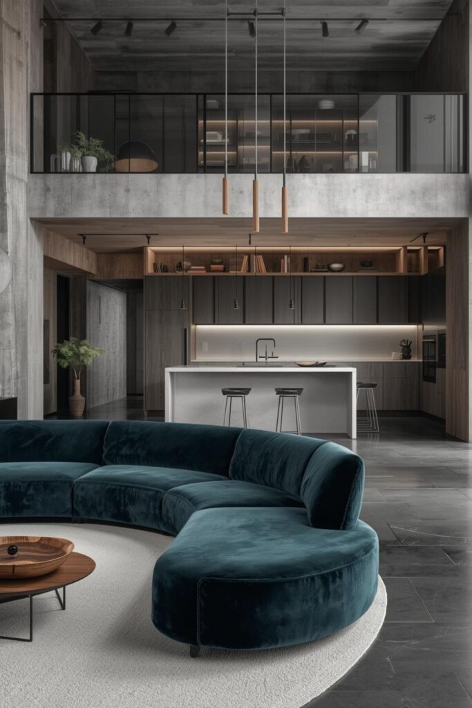 Deep Teal Curved Sofa With Concrete Kitchen And Open Shelves