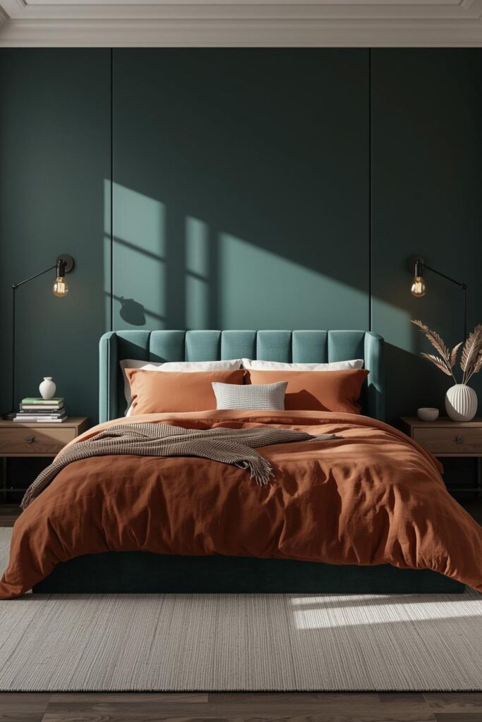 Deep Teal Feature Wall With Burnt Orange Bedding Layers