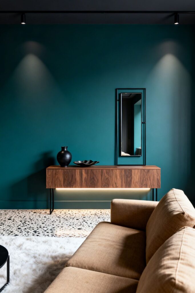 Deep Teal Statement Wall With Floating Console Minimalism