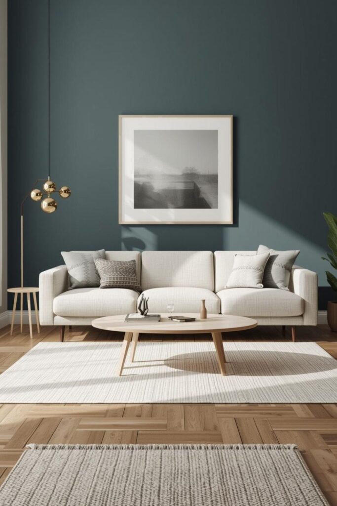 Deep Teal Statement Wall with Light Neutrals and Brass Notes