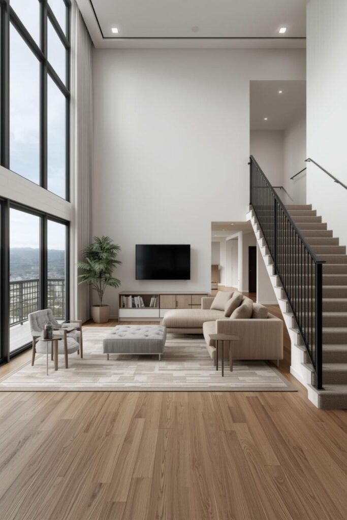 Desert Beige Living Room with Black Rails and Layered Neutral Rug