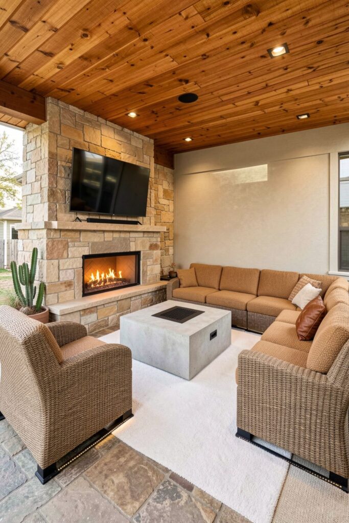 Desert Modern Stone Fireplace With Camel Sectional And Cactus Accents