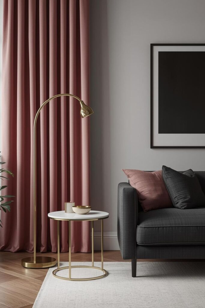 Dusky Pink Curtains With Charcoal Sofa And Brass Glow