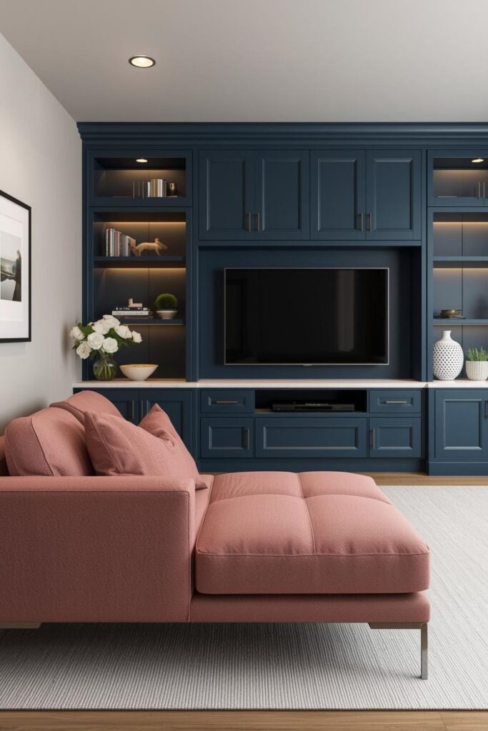 Dusky Pink Micro-Suede Sofa With Concrete Wall Edge
