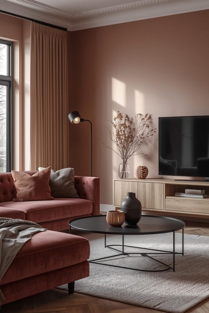 Dusky Pink Velvet Sofa With Warm Modern Neutral Styling