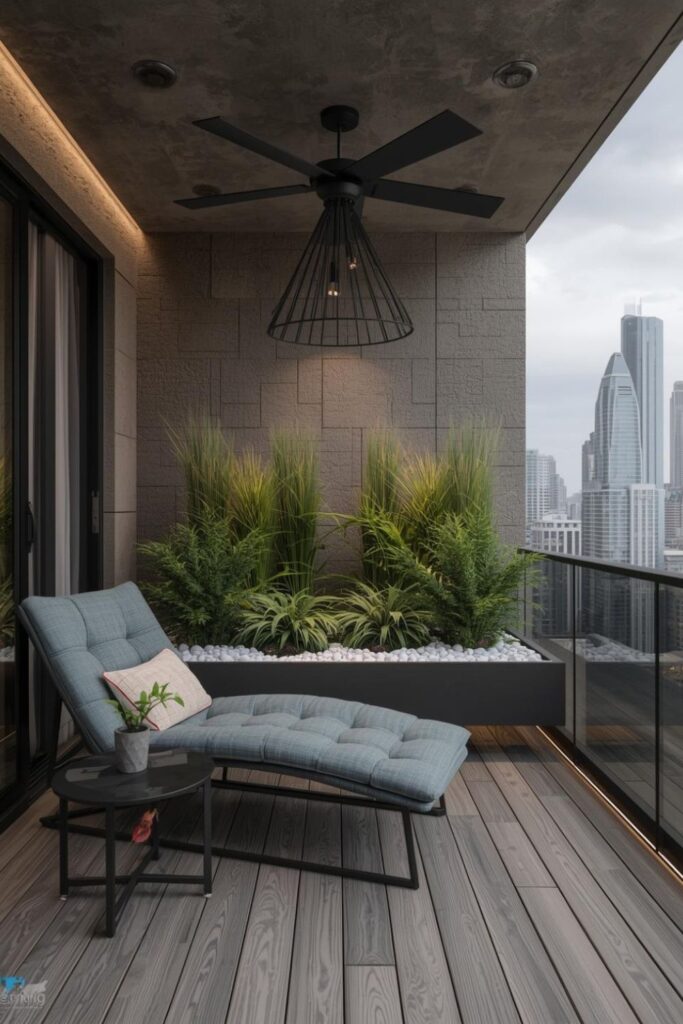 Dusty Blue and Driftwood Balcony with Textured Wall and Lounge Chaise