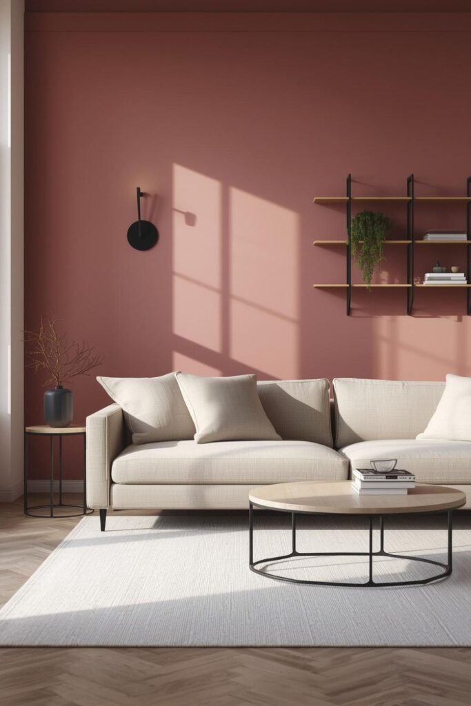 Dusty Rose Accent Wall With Streamlined Beige Seating