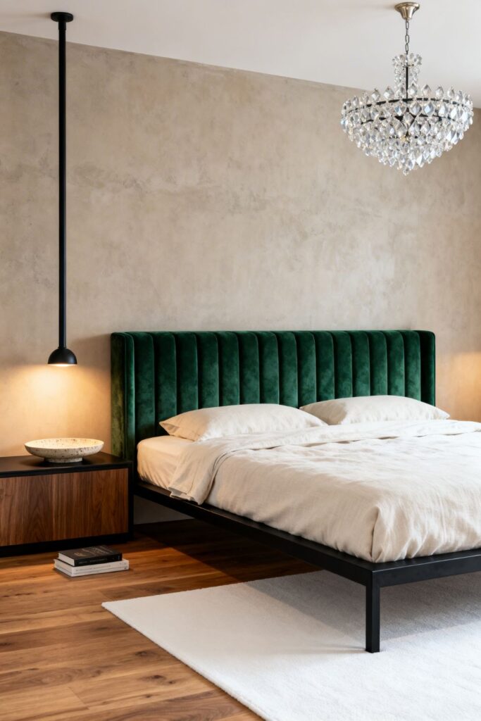 Emerald Channel-Tuft Headboard With Minimal Crystal Pendant
