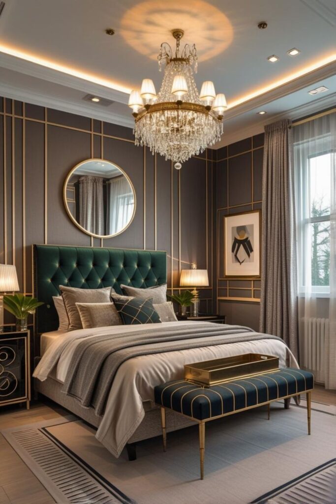 Emerald Headboard With Crystal Chandelier And Dark Moody Walls