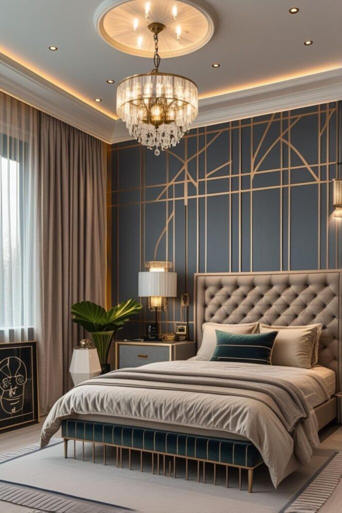 Emerald Headboard With Crystal Chandelier And Fluted Wall Panels