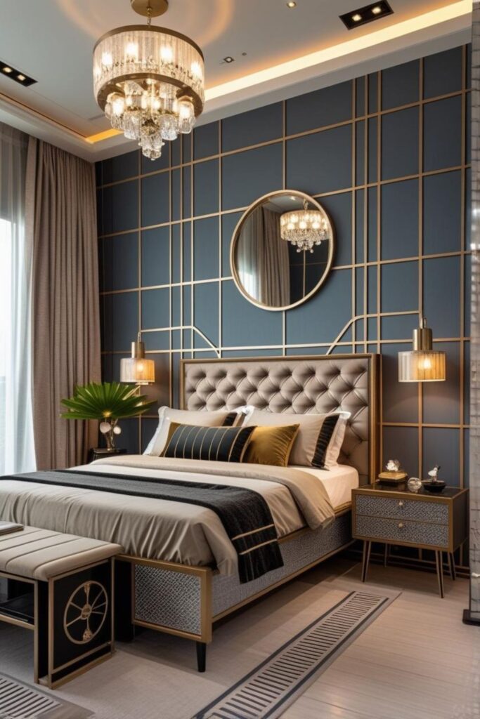 Emerald Headboard With Crystal Chandelier And Japandi Nightstands