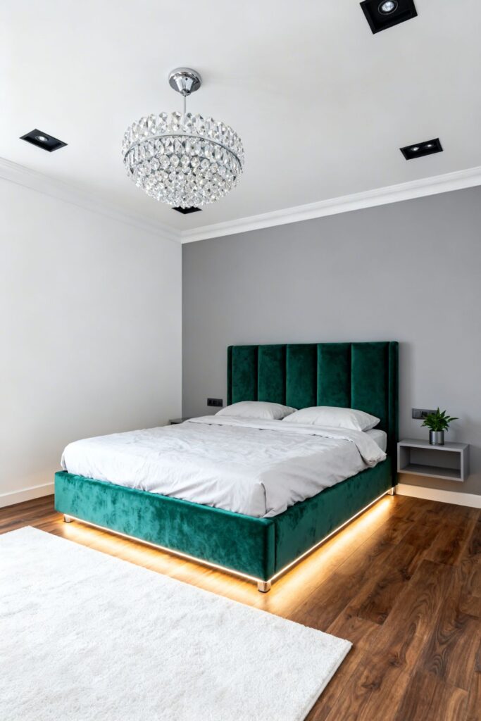 Emerald Headboard With Crystal Flush Mount In Low Ceiling Room