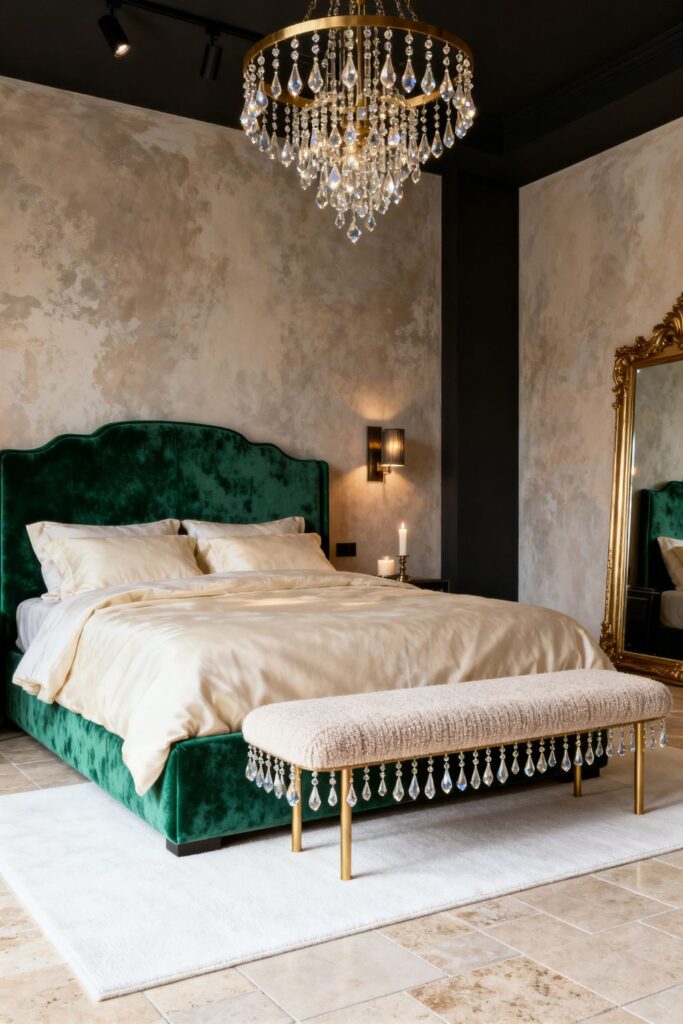 Emerald Headboard With Crystal Raindrop Chandelier Over Bench