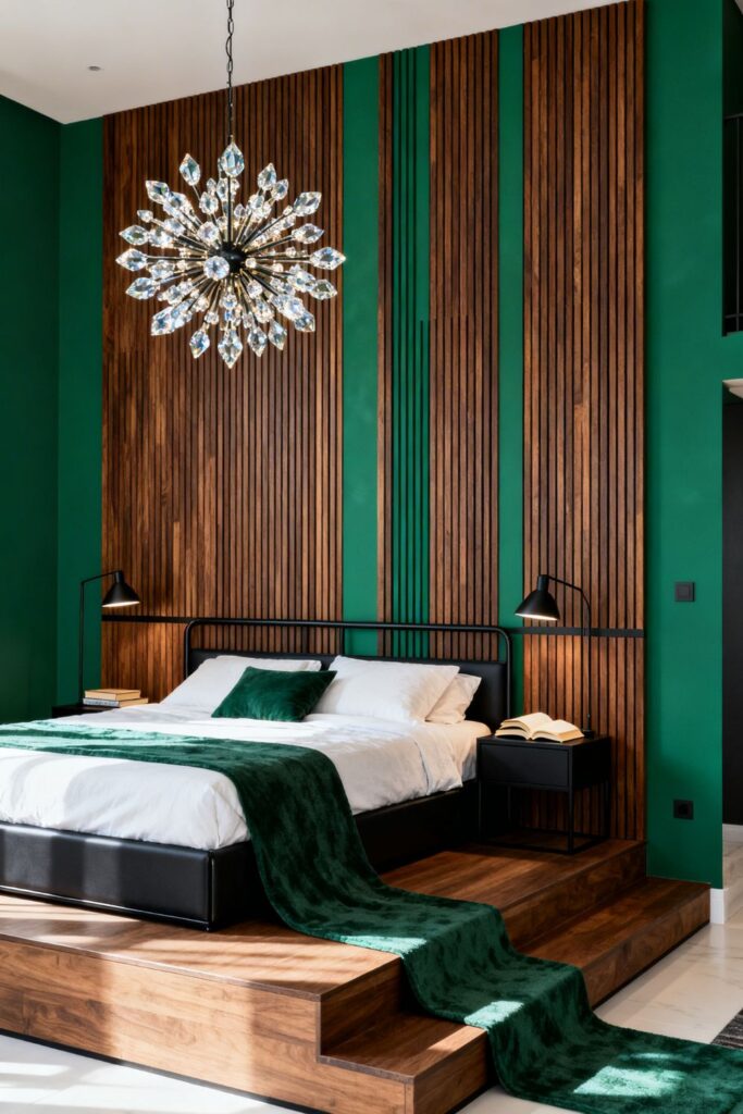 Emerald Headboard With Crystal Sputnik Chandelier And Walnut Slats