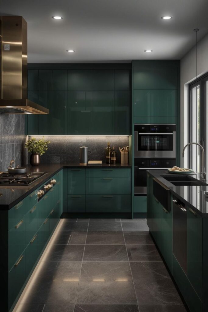 Emerald High-Gloss Wall with Brass Hood and Smoky Stone