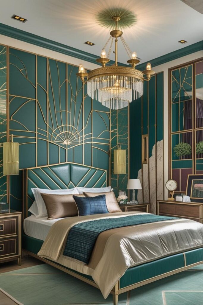 Emerald Leather Headboard With Vintage-Style Crystal Chandelier