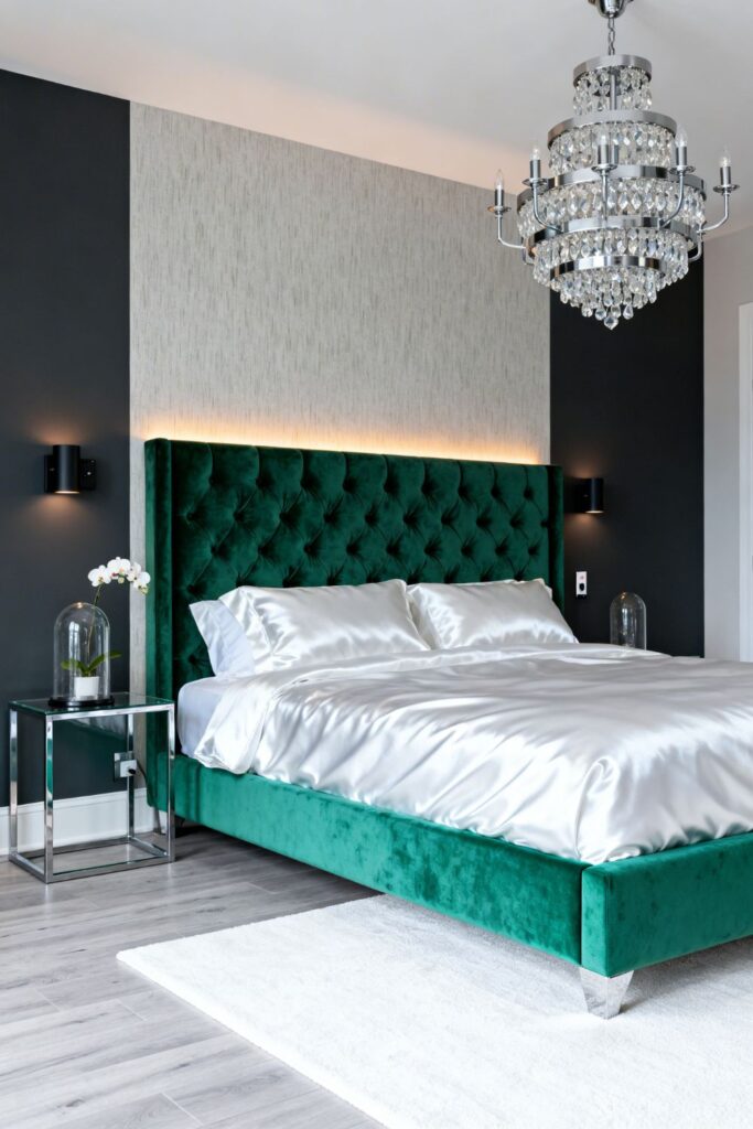 Emerald Tufted Headboard With Tiered Crystal Chandelier