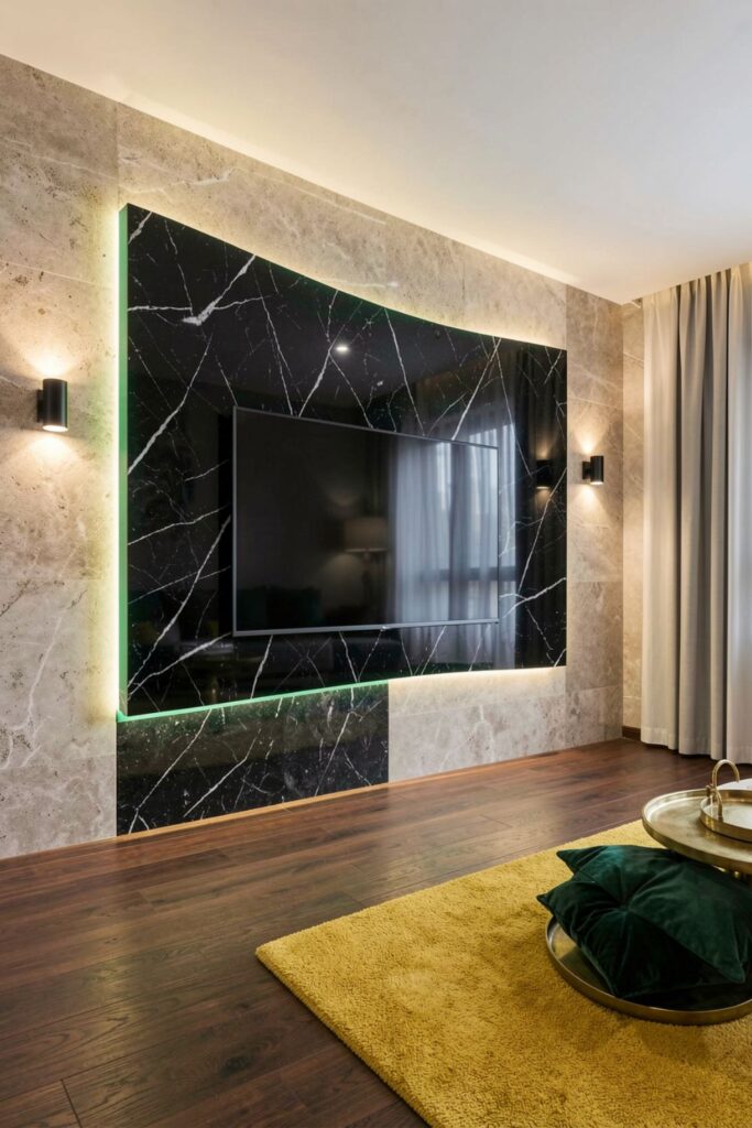 Emerald Velvet Lounge With Curved Black Marble LED TV Wall