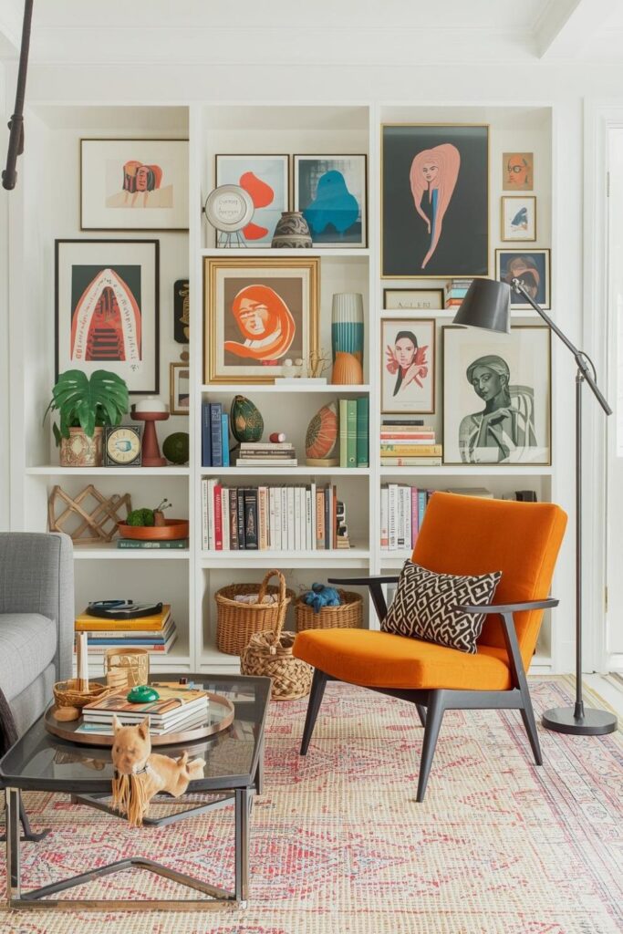 Emerald and Ochre Gallery Wall Boho With Clean Built-Ins