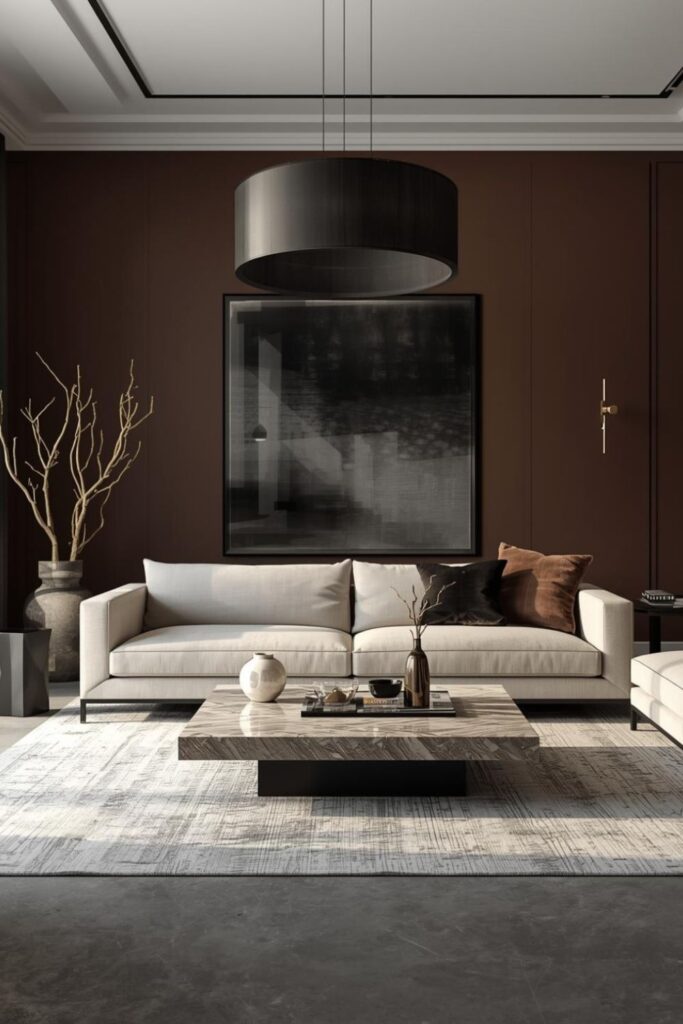 Espresso Brown Walls with Linen Sectional and Stone Textures
