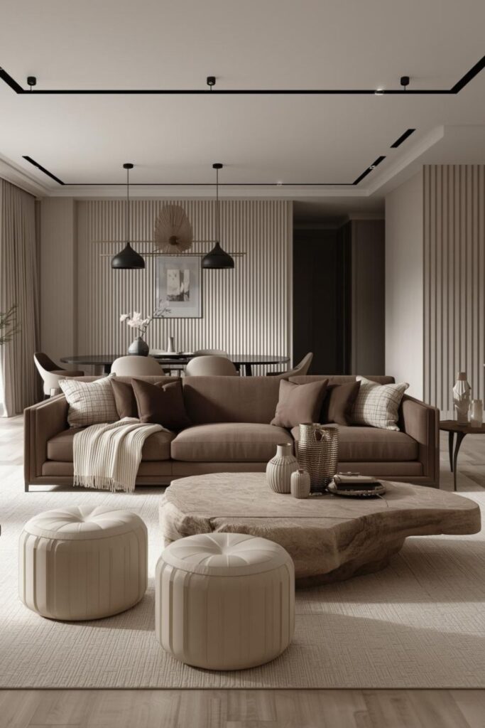 Espresso-Taupe Sofa with Fluted Wall Panel and Dining Behind the Sofa