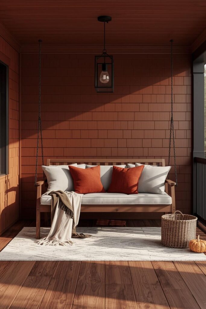 Fall Porch Swing Styling with Cushions and Cozy Lanterns