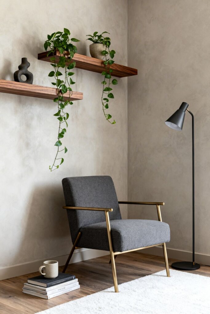 Floating Shelf Plant Corner Beside Compact Reading Chair
