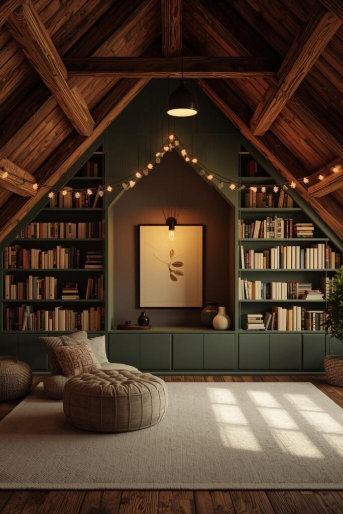 Forest Green Cocoon with Arched Book Wall and Round Pouf Seating