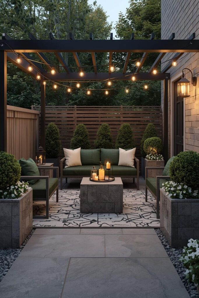 Forest Green and Stone Pergola Lounge with Garden-Modern Depth
