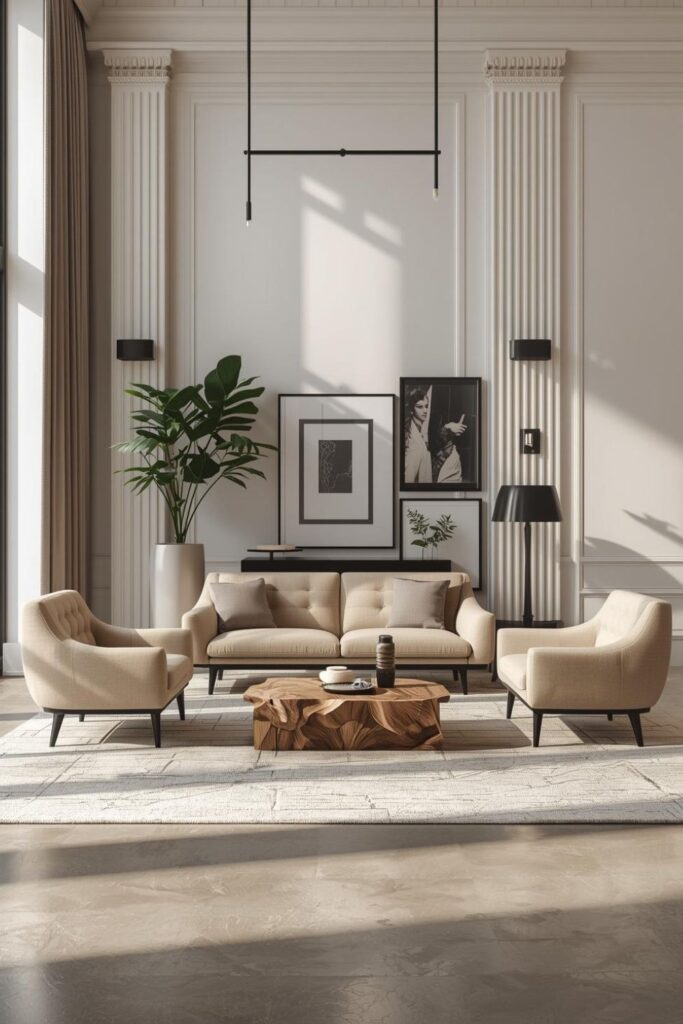 Gallery-Style Living Room With Fluted Columns and Ash Wood Ease