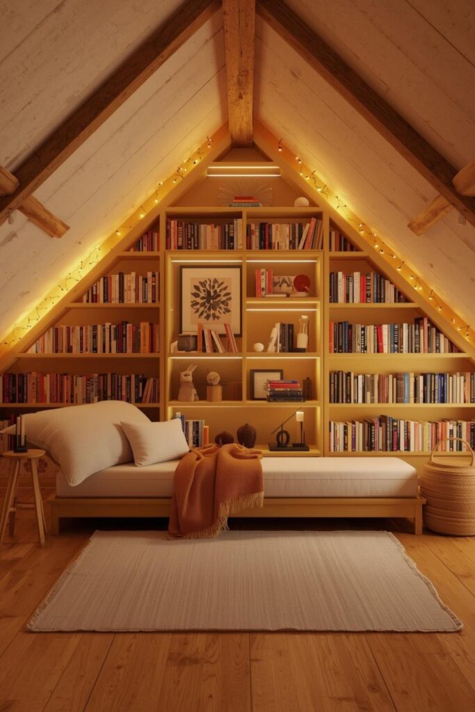 Golden Ochre Chevron Shelves with Bright Angle Lighting and Bench Mattress
