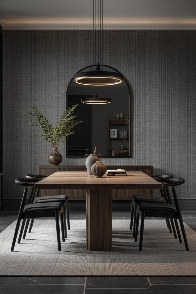 Graphite Wallpaper Backdrop With Brass Frame Mirror