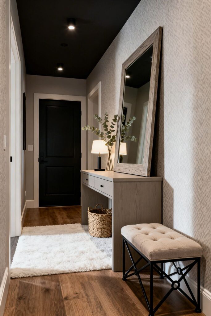 Greige Entry With Upholstered Bench and Large Lean Mirror