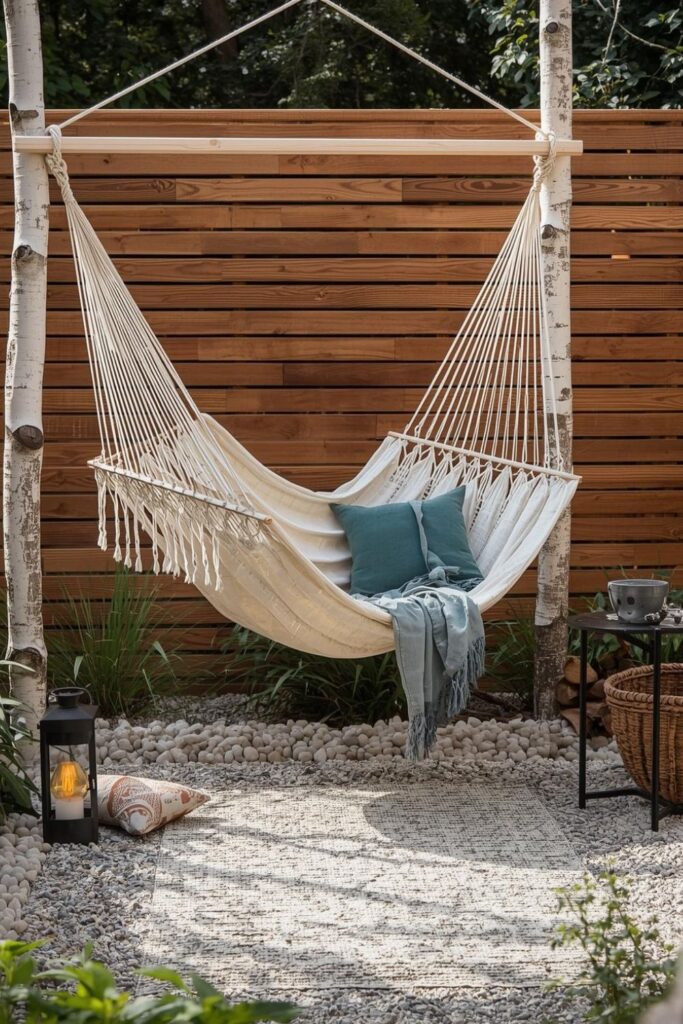 Hammock Between Birch Posts With Gravel Base and Lantern