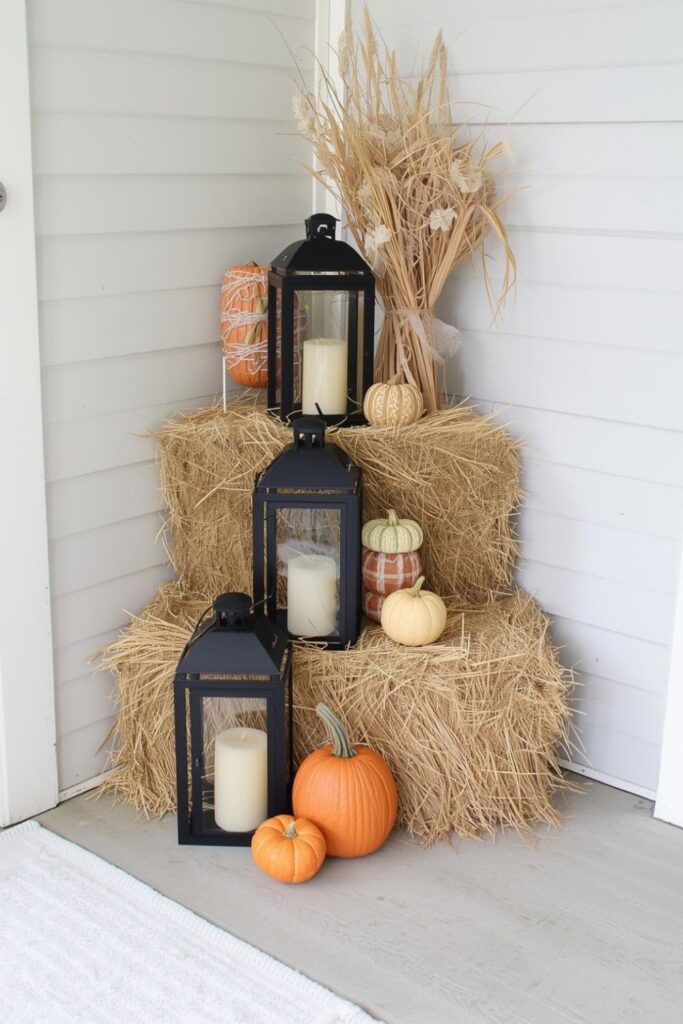 Hay Bale Porch Stack with Vintage-Inspired Lantern Layers