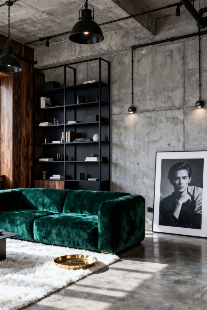 High Contrast Loft Layout With Concrete Walls and Velvet